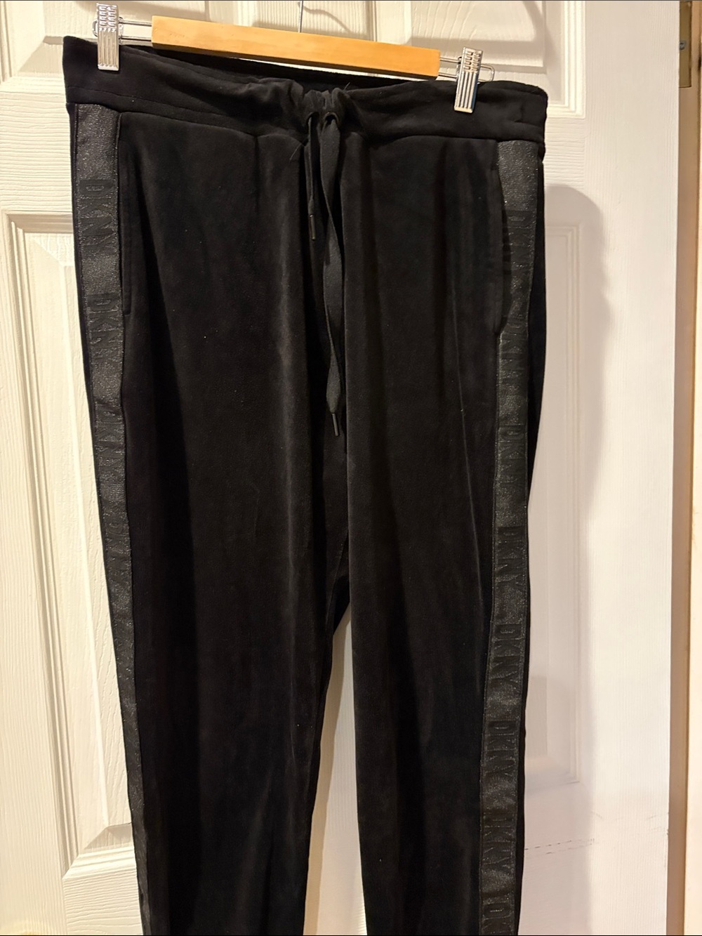 DKNY Black Velour Jogger Pants with Side Stripe